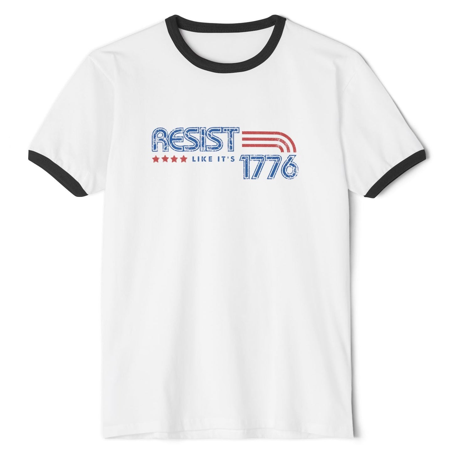 White t-shirt with 'Resist Like It's 1776' text and design on a white background