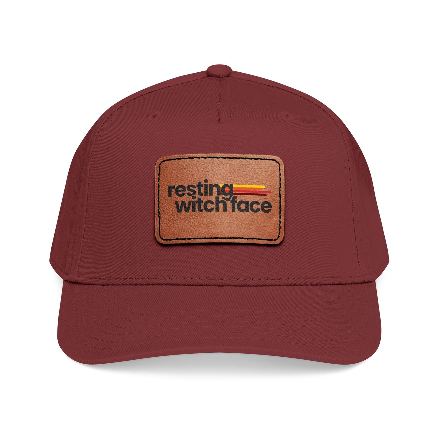 Resting Witch Face baseball hat featuring a light brown vegan leather rectangle patch with funny feminist witch design and vintage-inspired style.