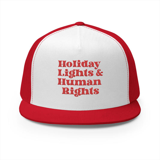 Holiday Lights & Human Rights Trucker Hat, Christmas Embroidered Cap, Human Rights Activist Gift, Festive Holiday Accessory, Social Justice