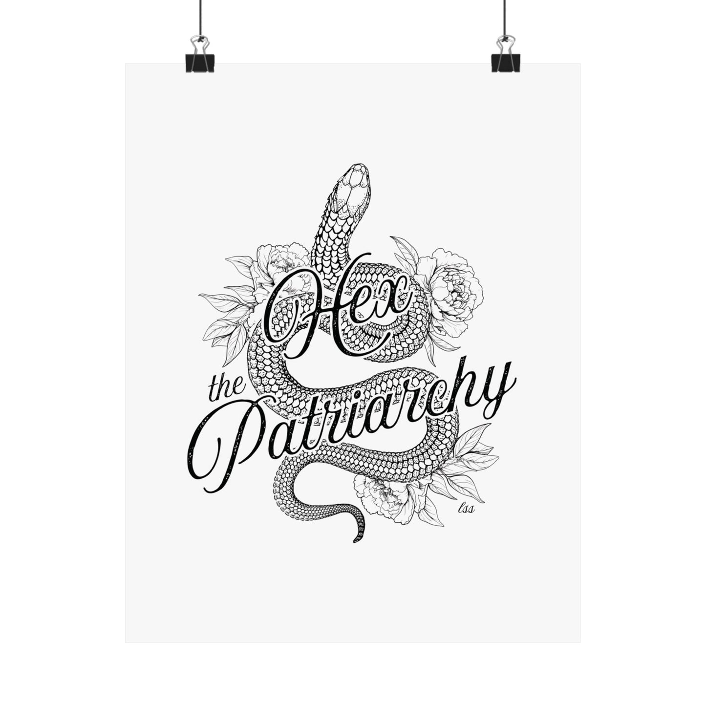 Hex the Patriarchy poster featuring a feminist snake design inspired by witchcraft, transformation, renewal, and feminine power for witchy wall decor.