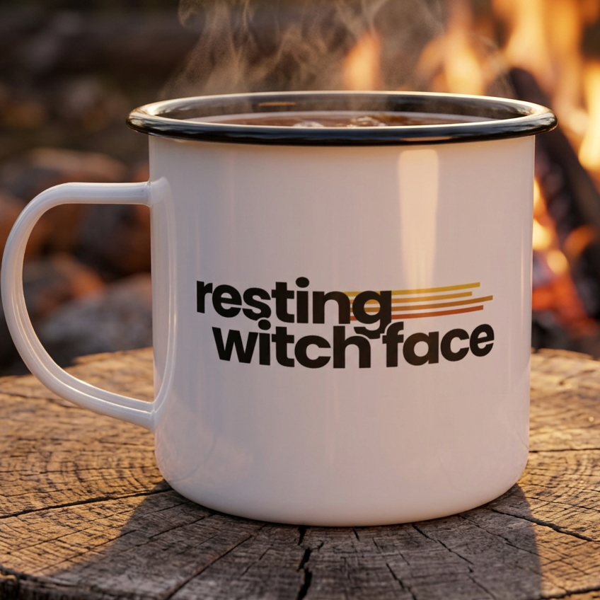 Resting Witch Face Halloween enamel mug with funny feminist witch design, 12 oz camping coffee cup for spooky season and Halloween gifts.
