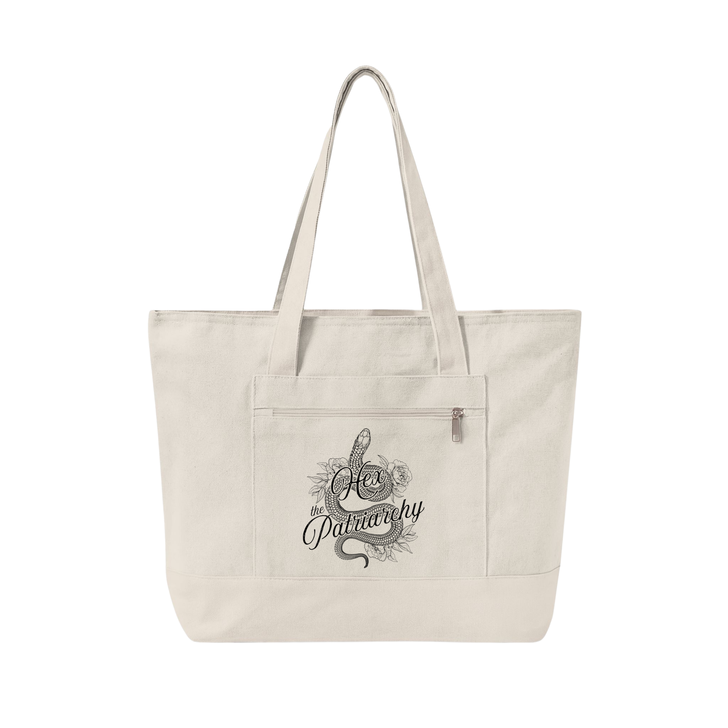 Hex the Patriarchy feminist canvas tote bag featuring a witchy snake design, zippered closure, and roomy everyday storage.