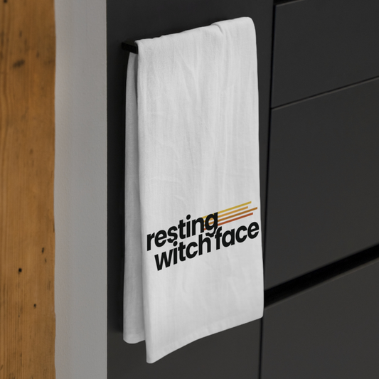 Resting Witch Face 100% cotton tea towel featuring funny feminist witch humor for Halloween kitchen decor, spooky homes, cooking, and witch gifts.