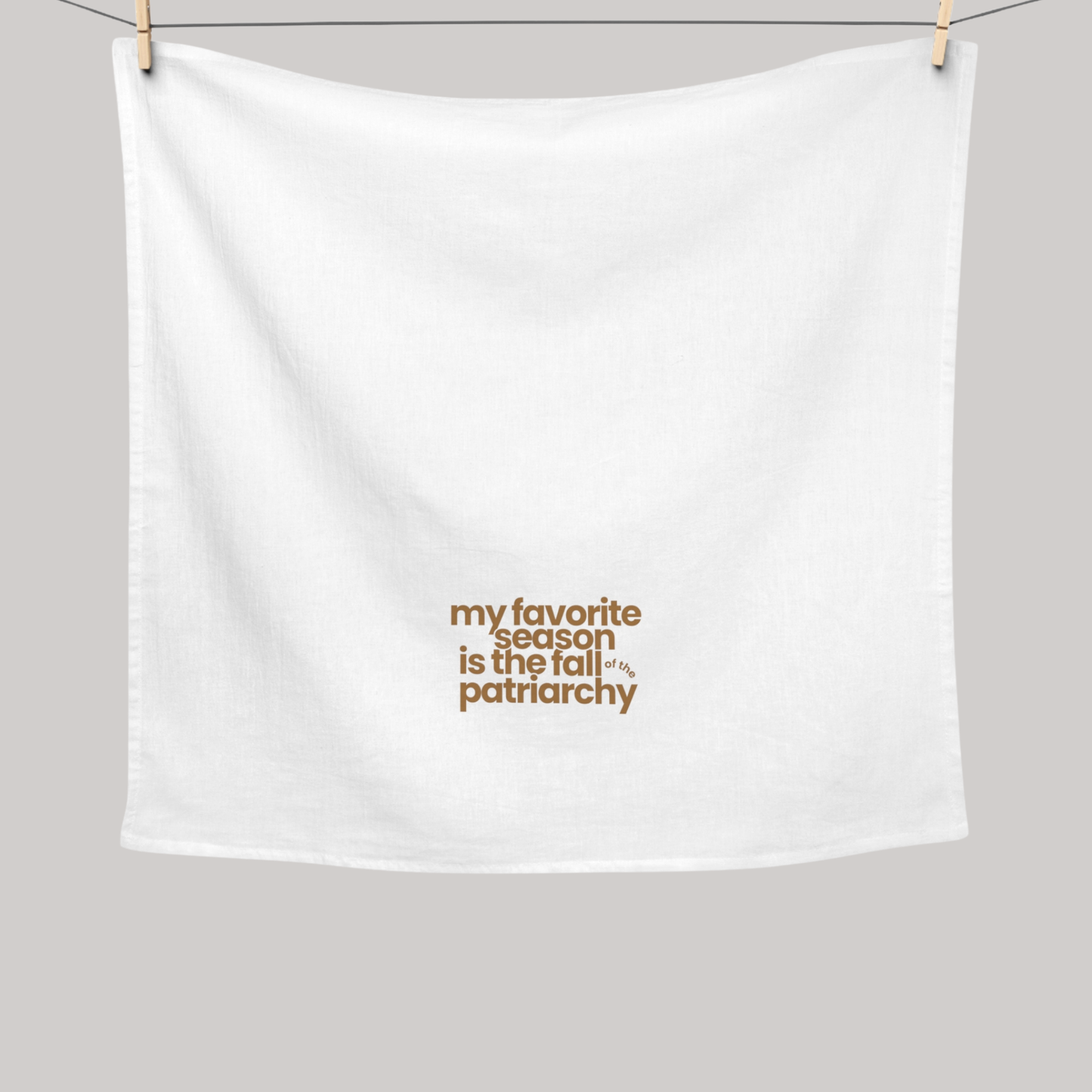 My Favorite Season Is the Fall of the Patriarchy cotton tea towel, a funny feminist kitchen towel for autumn decor, fall baking, and feminist gifts.