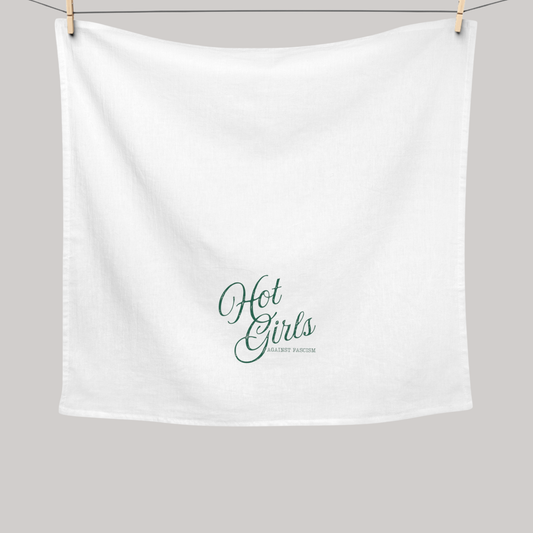 Hot Girls Against Fascism 100% cotton tea towel featuring witty feminist political humor for kitchen decor, housewarming gifts, and everyday use.