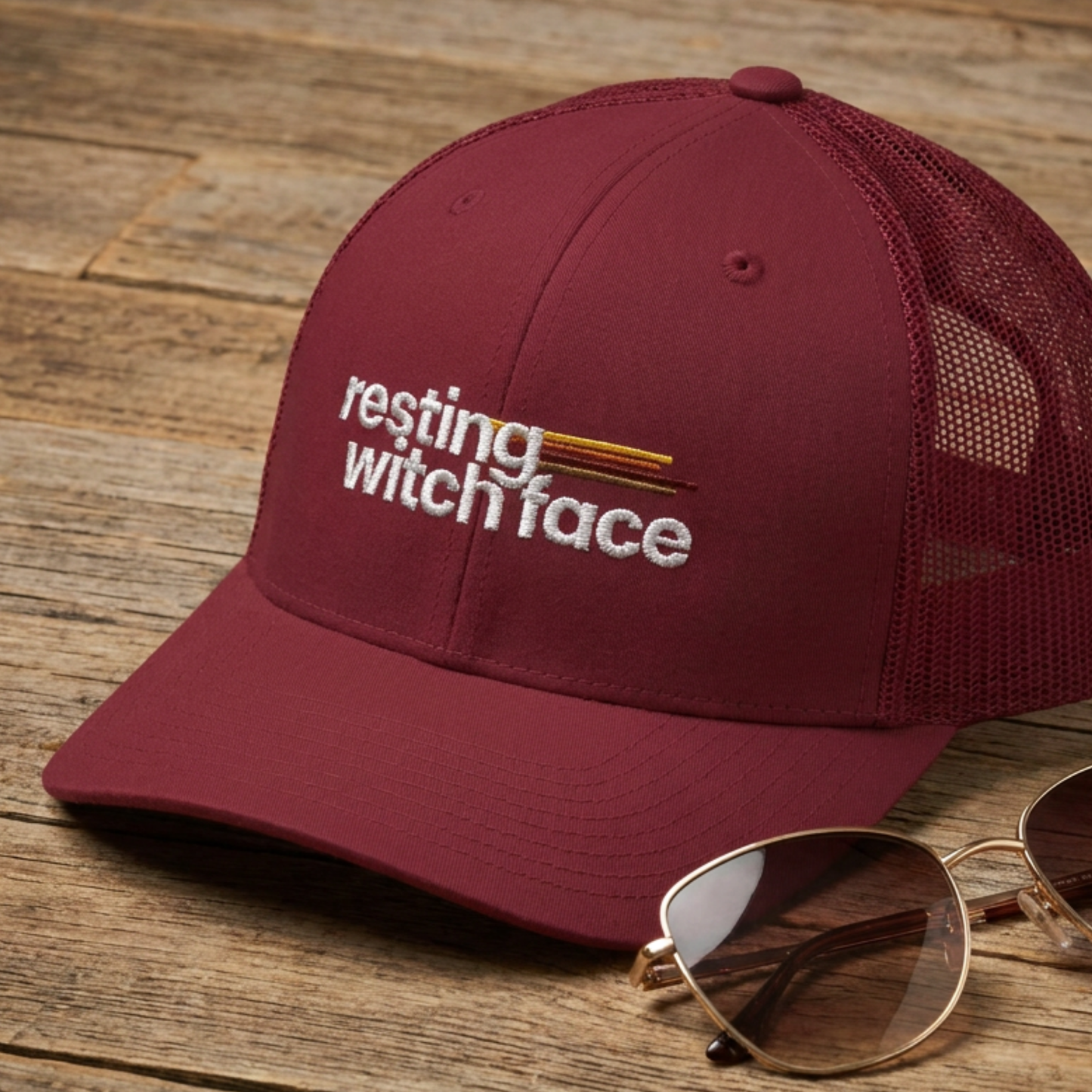 Resting Witch Face trucker hat featuring funny feminist witch humor with a classic mesh back, casual vintage style, and spooky season aesthetic.