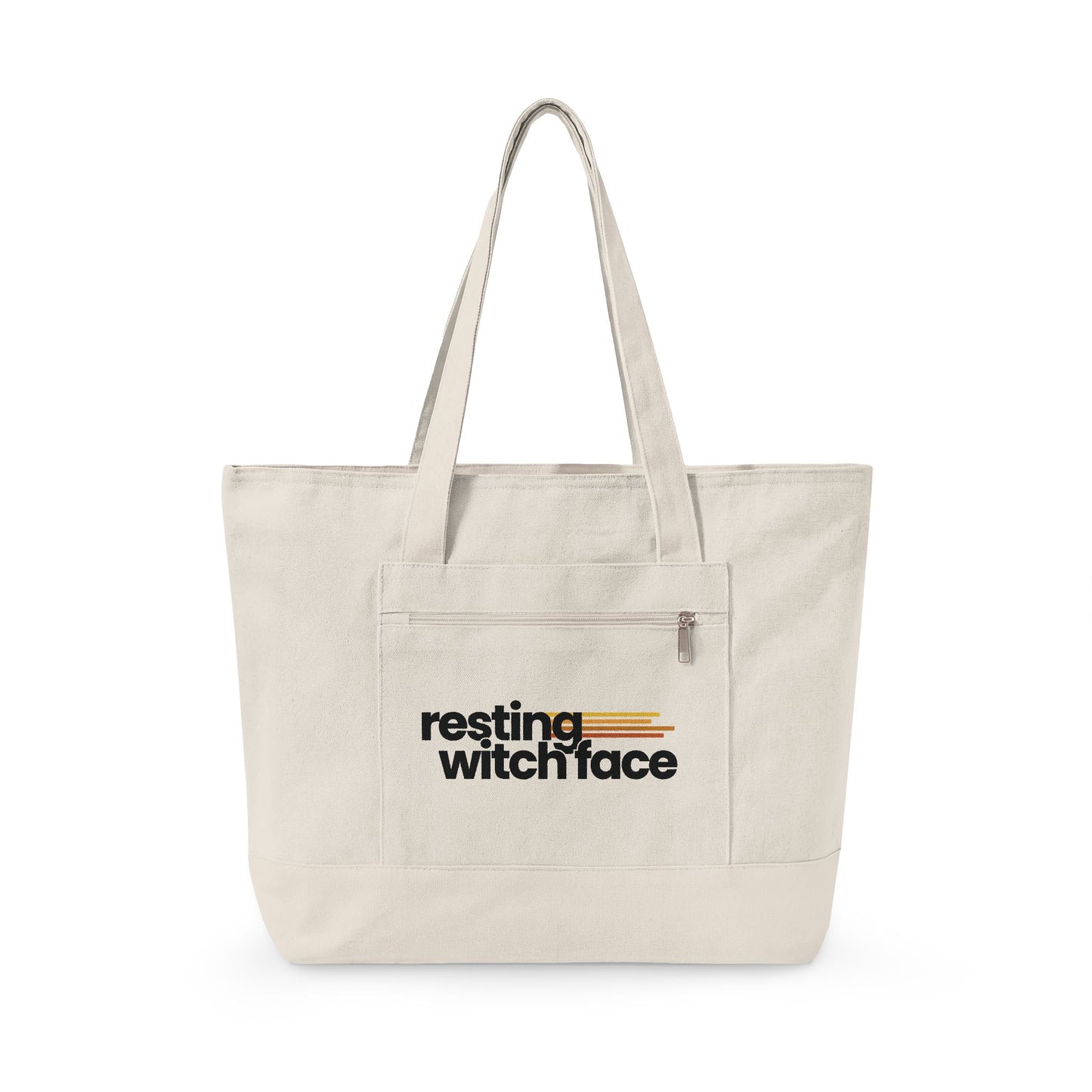 Resting Witch Face canvas tote bag featuring funny feminist witch artwork with roomy zippered storage for books, shopping, and everyday use.