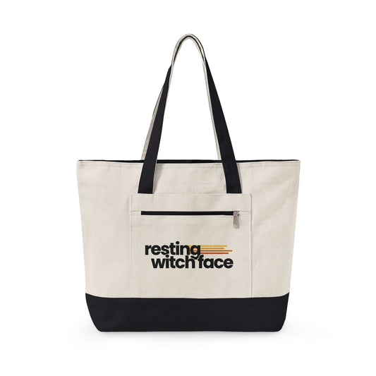 Resting Witch Face canvas tote bag featuring funny feminist witch artwork with roomy zippered storage for books, shopping, and everyday use.