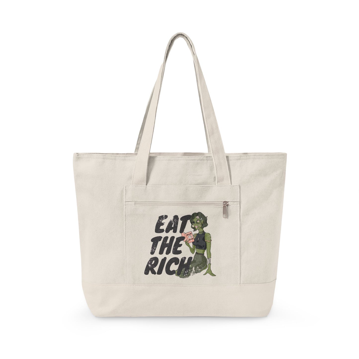 Eat the Rich zombie canvas tote bag featuring feminist political satire and retro horror artwork with roomy zippered storage.