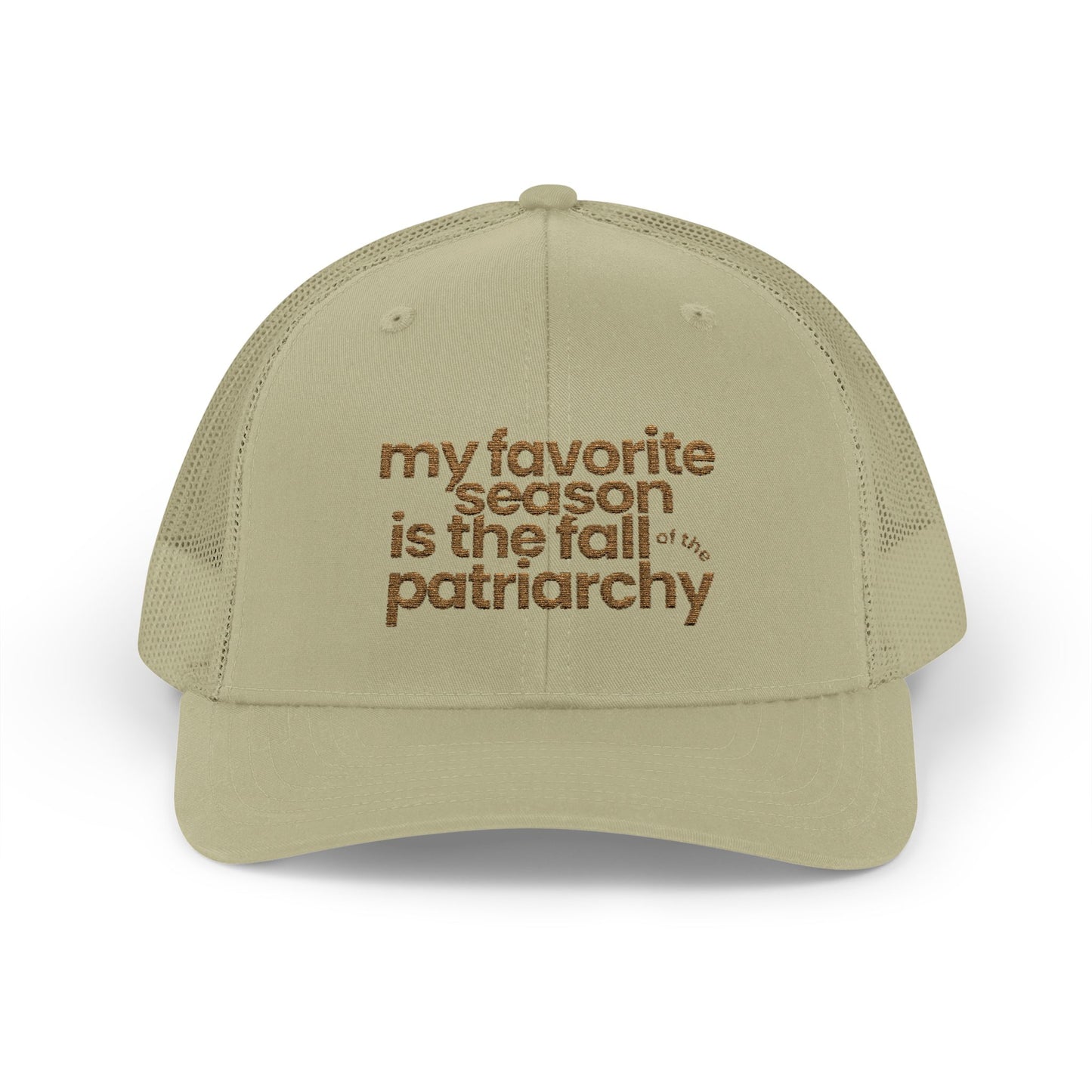 My Favorite Season Is the Fall of the Patriarchy embroidered trucker hat, a funny feminist fall cap celebrating women's rights and social change.