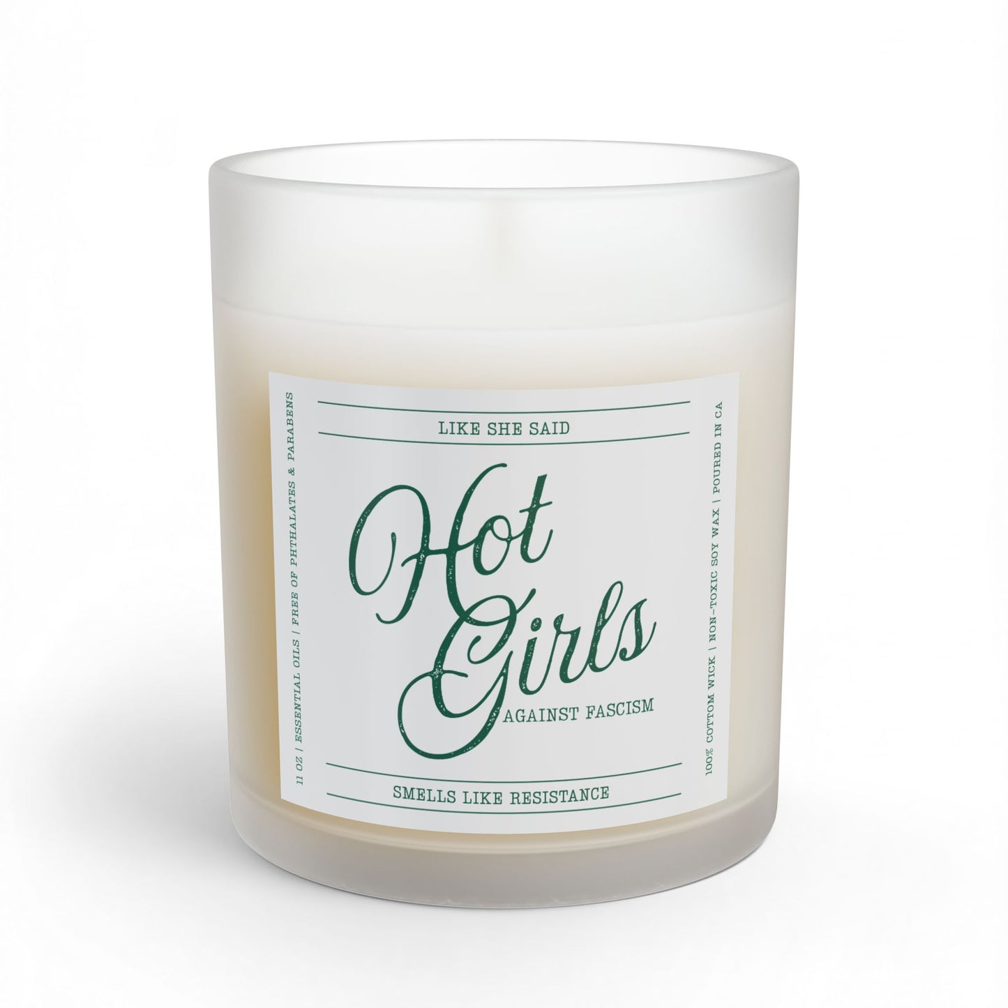 Hot Girls Against Fascism feminist candle featuring witty political satire for readers, activists, democracy supporters, and thoughtful home decor.
