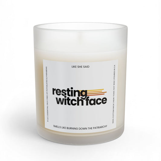 Resting Witch Face scented candle featuring funny feminist witch artwork for witchy home decor, Halloween, spooky season, and clever witch gifts.