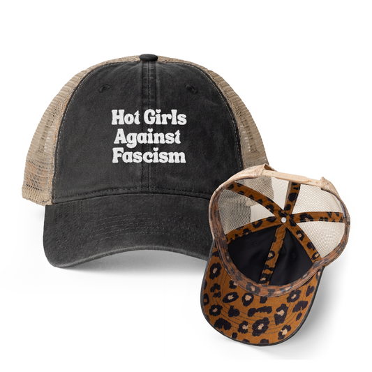 Hot Girls Against Fascism | Washed Pattern Mesh-Back Trucker Hat