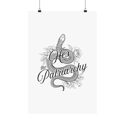 Hex the Patriarchy poster featuring a feminist snake design inspired by witchcraft, transformation, renewal, and feminine power for witchy wall decor.