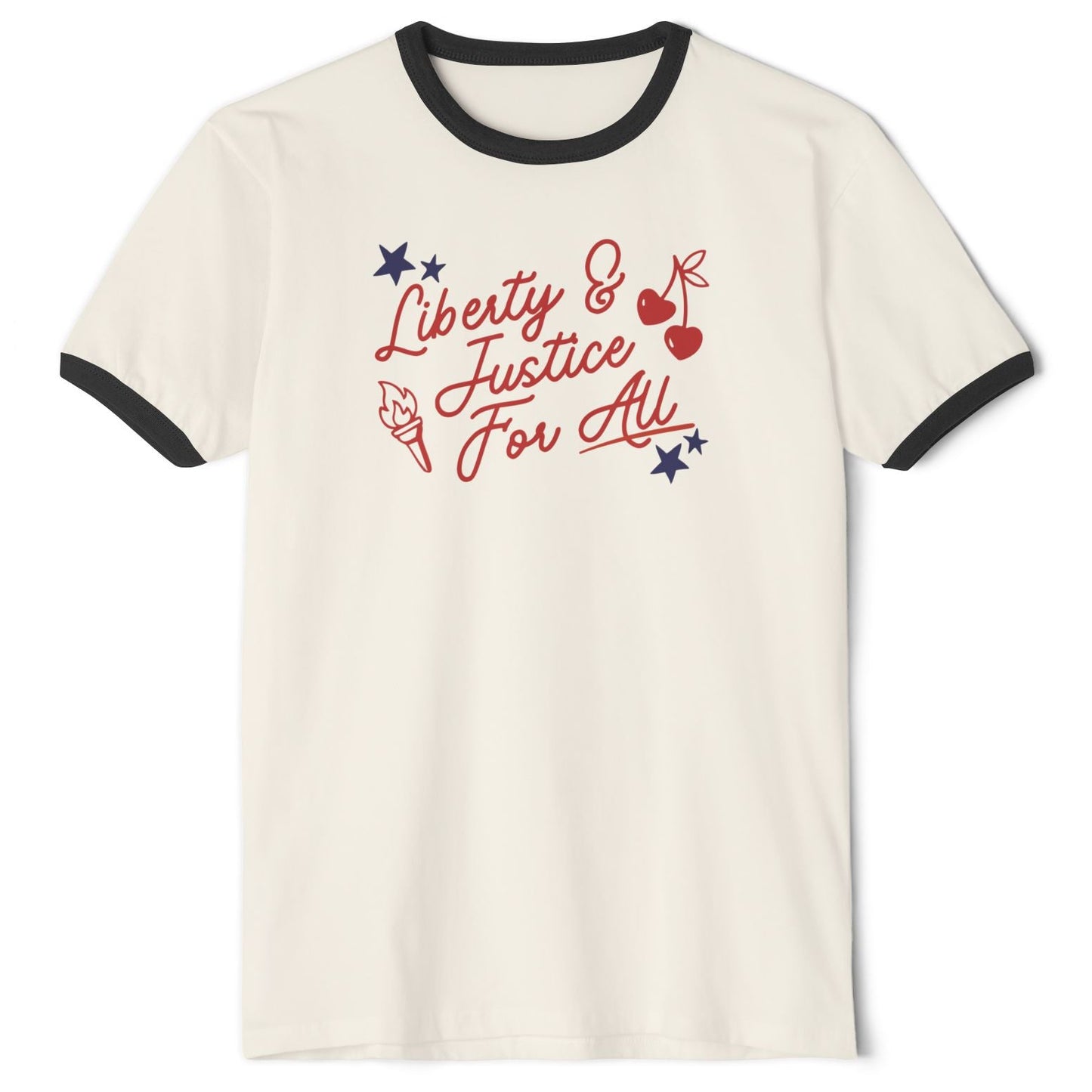 An off-white ringer t-shirt with black trim on the collar and sleeves, featuring a red and blue graphic on the chest that reads 'Liberty & Justice For All' with stars, cherries, and a torch.