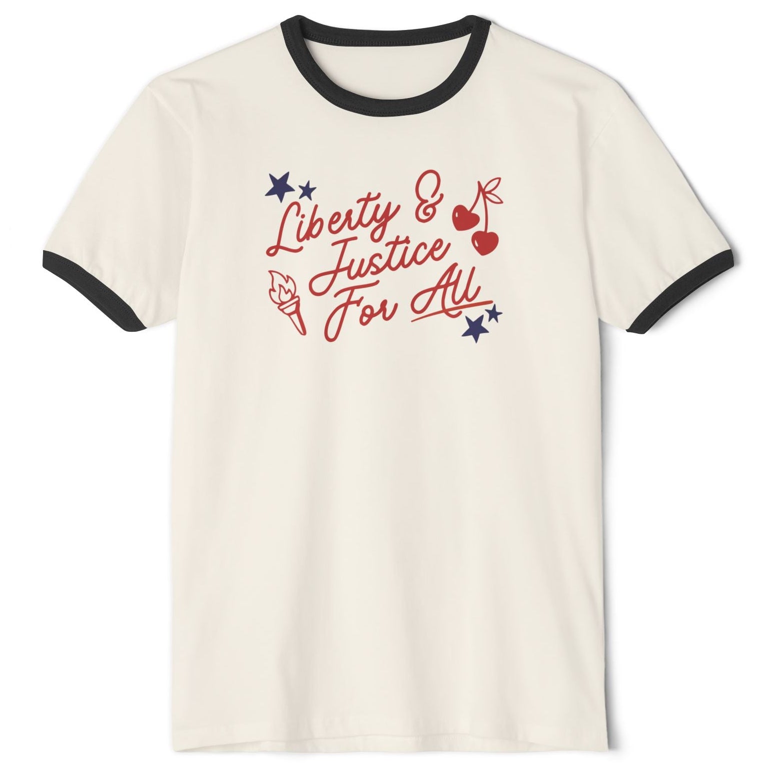 An off-white ringer t-shirt with black trim on the collar and sleeves, featuring a red and blue graphic on the chest that reads 'Liberty & Justice For All' with stars, cherries, and a torch.