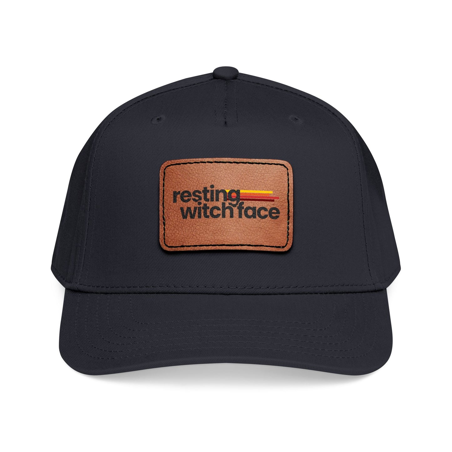 Resting Witch Face baseball hat featuring a light brown vegan leather rectangle patch with funny feminist witch design and vintage-inspired style.
