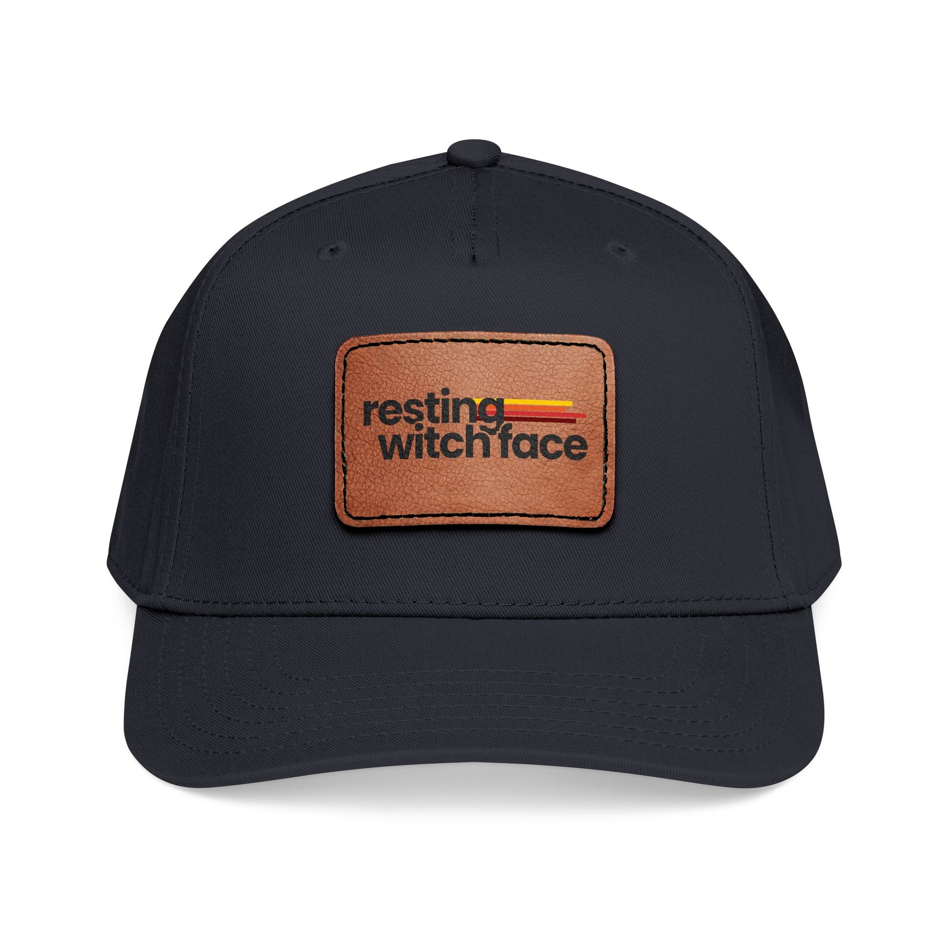 Resting Witch Face baseball hat featuring a light brown vegan leather rectangle patch with funny feminist witch design and vintage-inspired style.