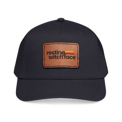 Resting Witch Face baseball hat featuring a light brown vegan leather rectangle patch with funny feminist witch design and vintage-inspired style.