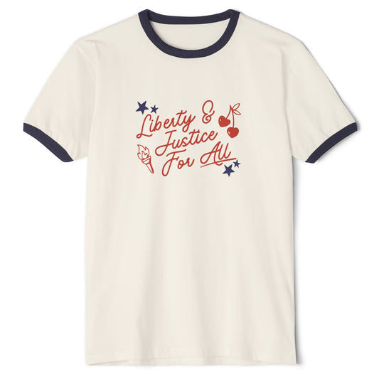 White t-shirt with 'Liberty & Justice for All' text and graphics on a white background