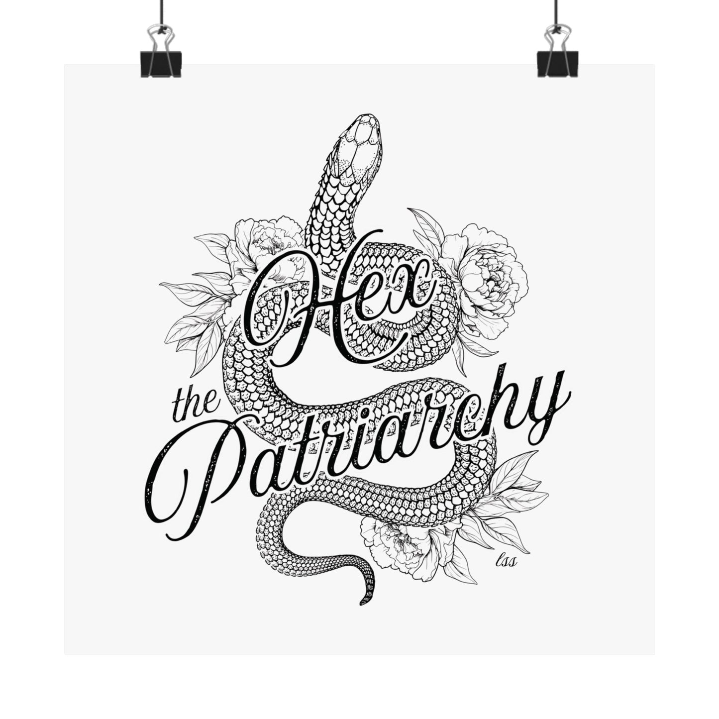 Hex the Patriarchy poster featuring a feminist snake design inspired by witchcraft, transformation, renewal, and feminine power for witchy wall decor.
