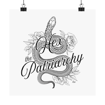 Hex the Patriarchy poster featuring a feminist snake design inspired by witchcraft, transformation, renewal, and feminine power for witchy wall decor.