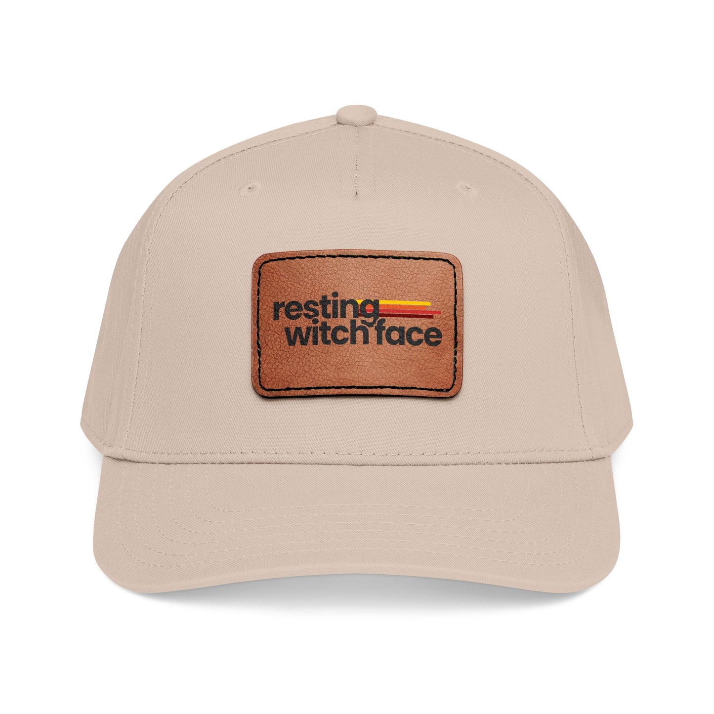 Resting Witch Face baseball hat featuring a light brown vegan leather rectangle patch with funny feminist witch design and vintage-inspired style.