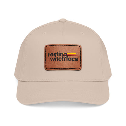 Resting Witch Face baseball hat featuring a light brown vegan leather rectangle patch with funny feminist witch design and vintage-inspired style.