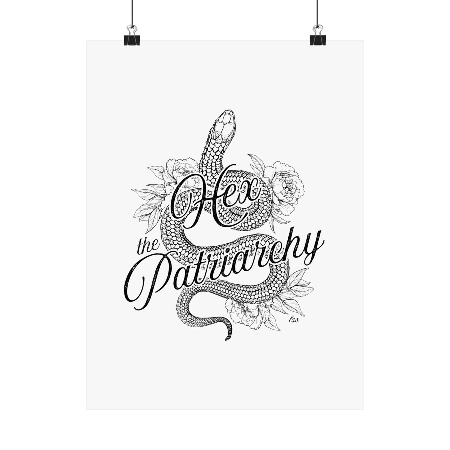 Hex the Patriarchy poster featuring a feminist snake design inspired by witchcraft, transformation, renewal, and feminine power for witchy wall decor.