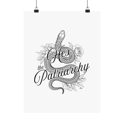 Hex the Patriarchy poster featuring a feminist snake design inspired by witchcraft, transformation, renewal, and feminine power for witchy wall decor.