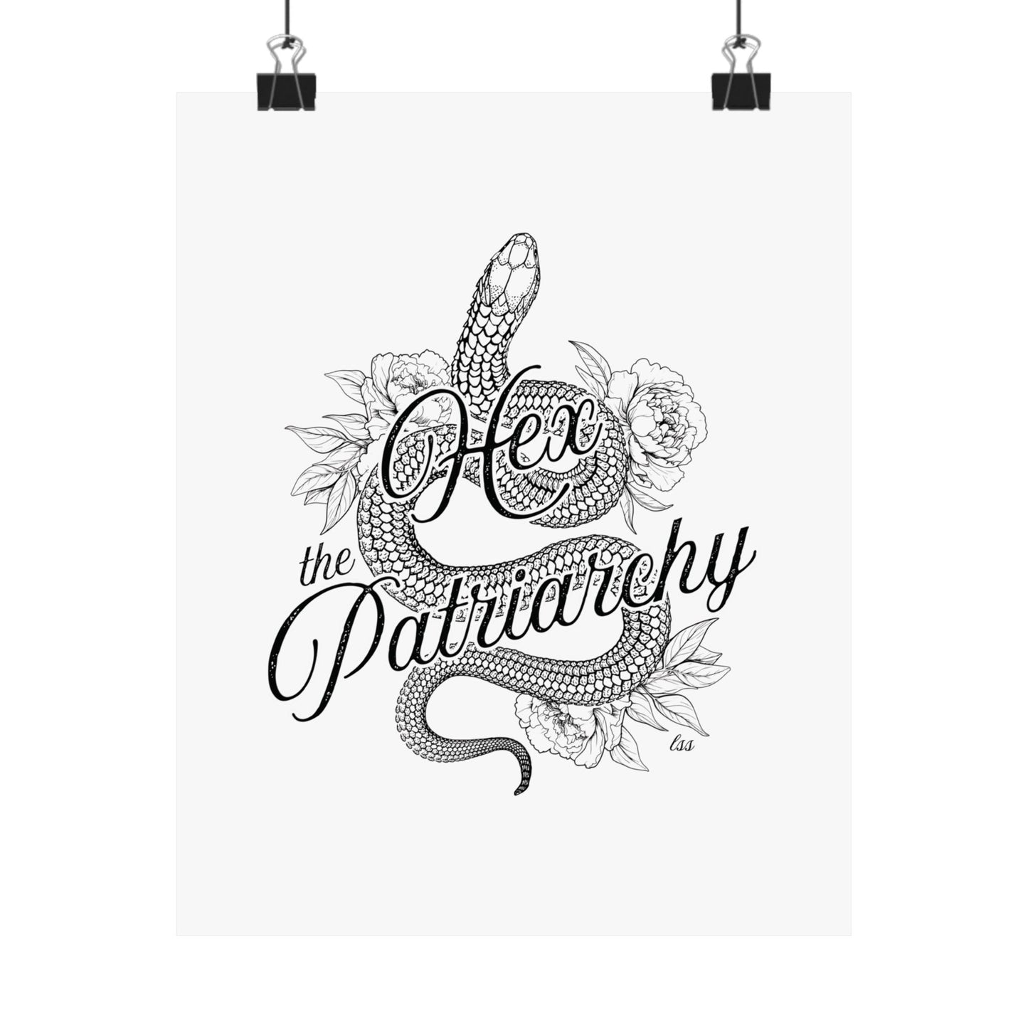 Hex the Patriarchy poster featuring a feminist snake design inspired by witchcraft, transformation, renewal, and feminine power for witchy wall decor.