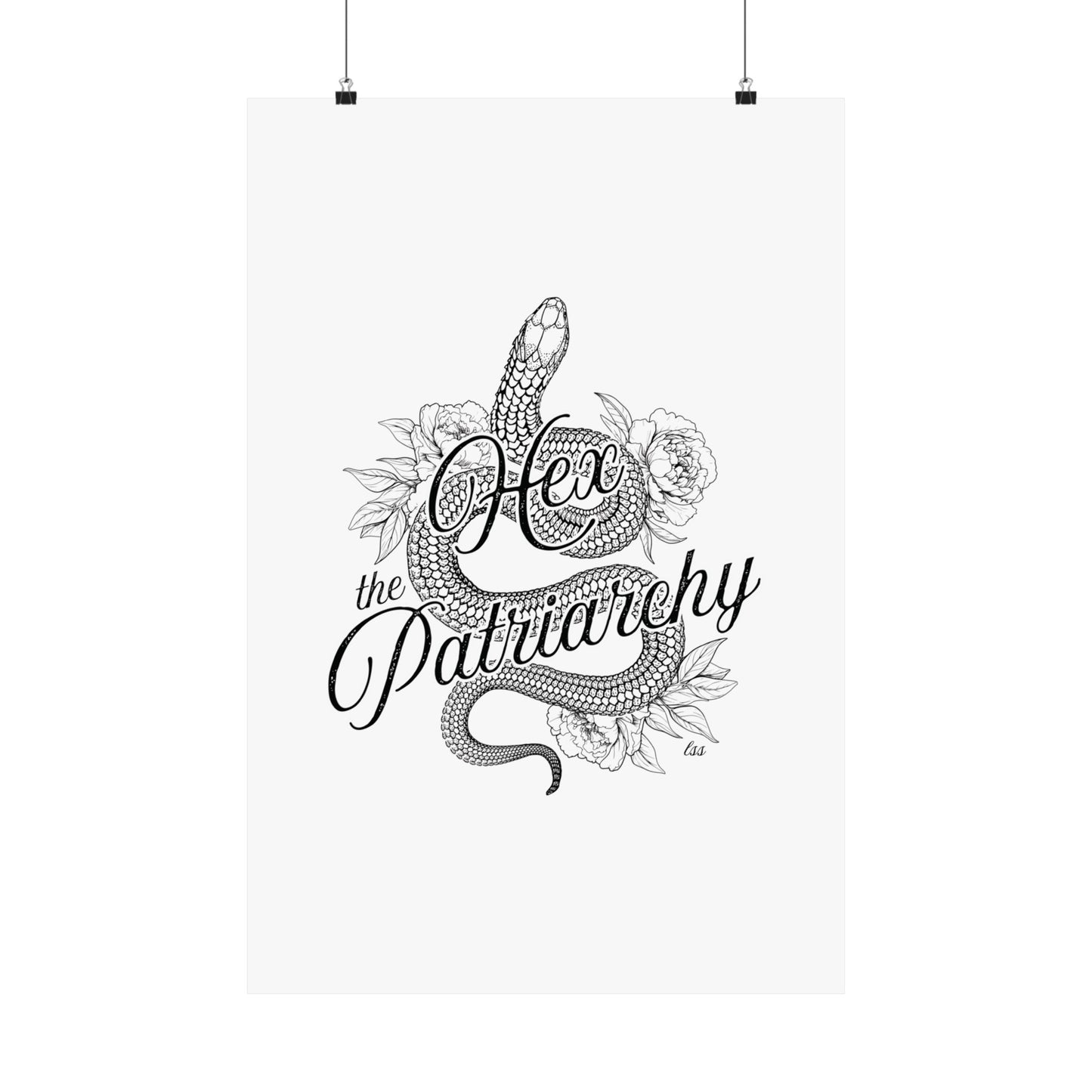 Hex the Patriarchy poster featuring a feminist snake design inspired by witchcraft, transformation, renewal, and feminine power for witchy wall decor.