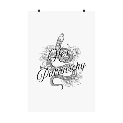 Hex the Patriarchy poster featuring a feminist snake design inspired by witchcraft, transformation, renewal, and feminine power for witchy wall decor.