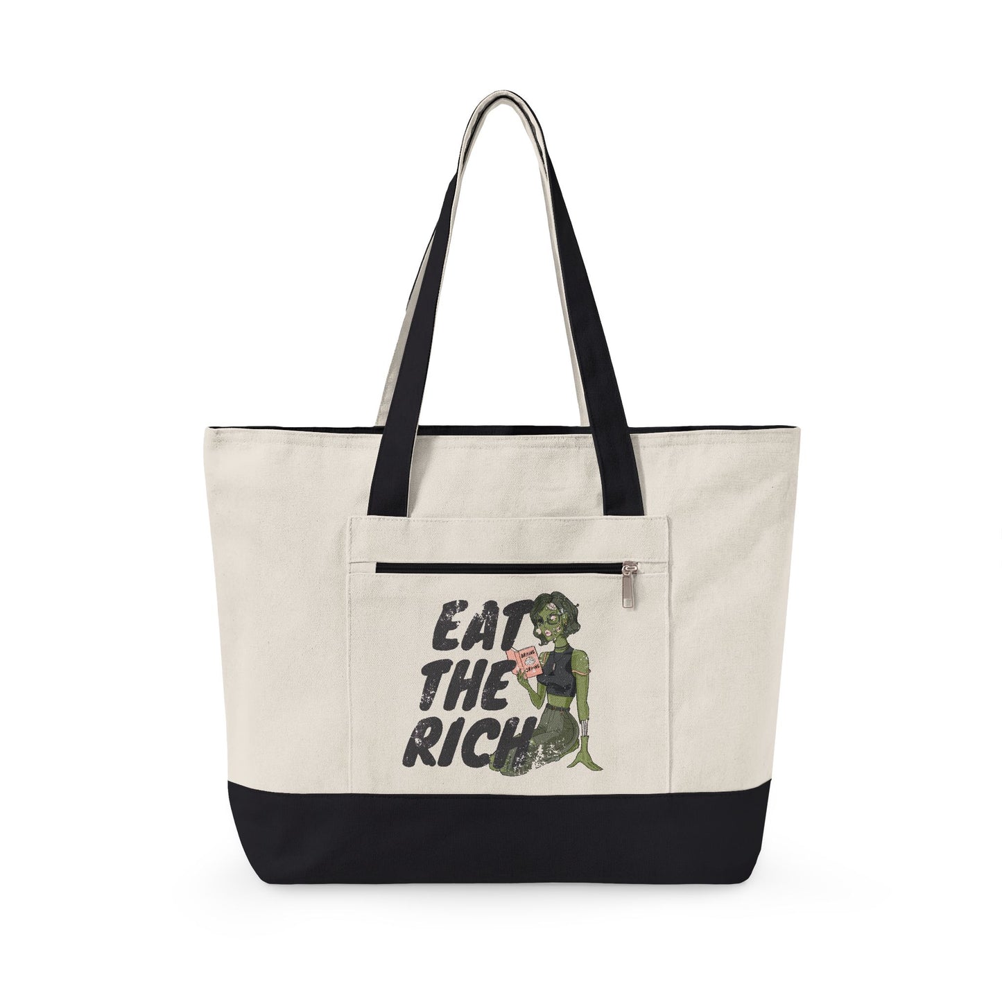 Eat the Rich zombie canvas tote bag featuring feminist political satire and retro horror artwork with roomy zippered storage.
