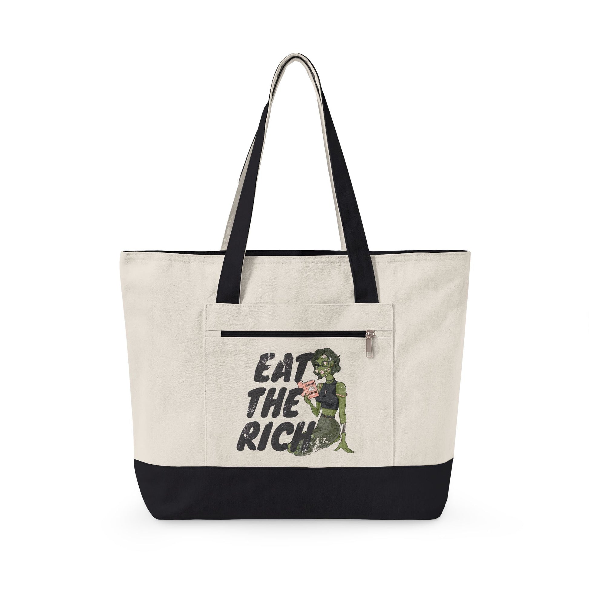 Eat the Rich zombie canvas tote bag featuring feminist political satire and retro horror artwork with roomy zippered storage.
