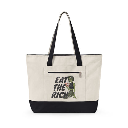 Eat the Rich zombie canvas tote bag featuring feminist political satire and retro horror artwork with roomy zippered storage.