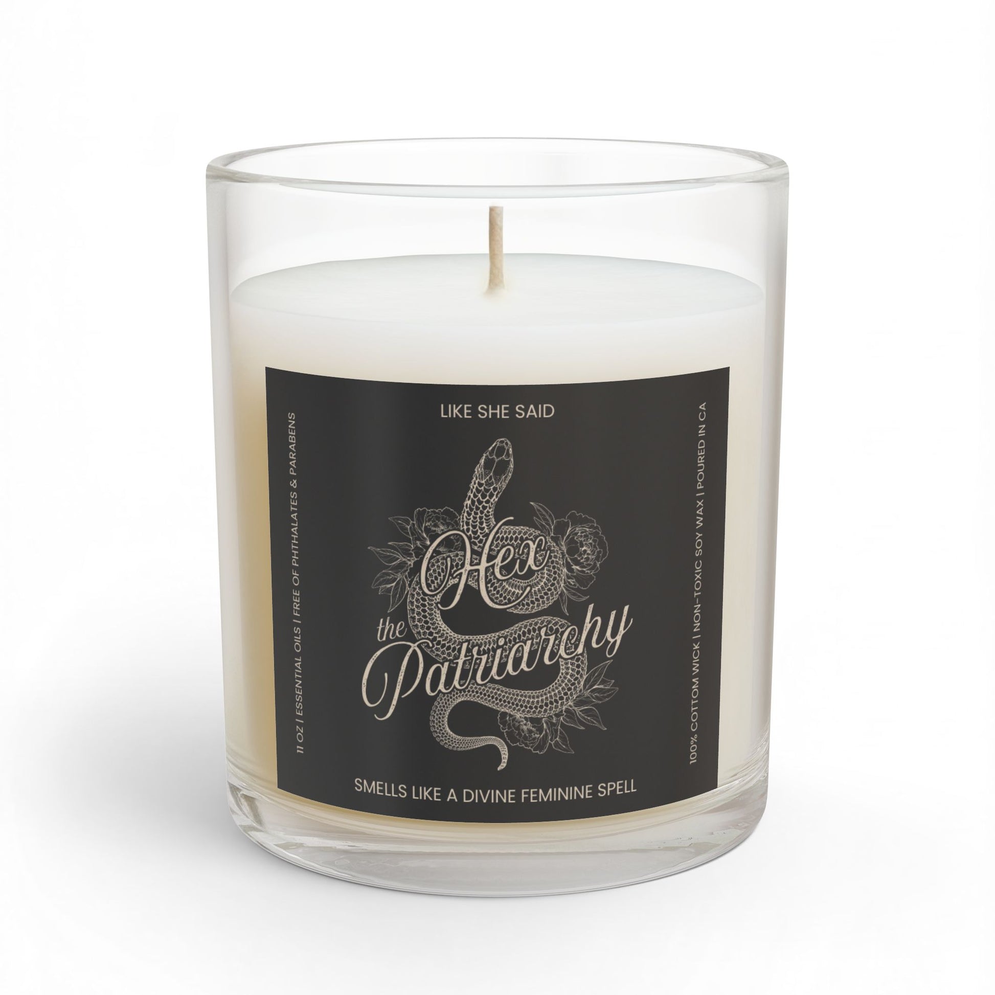 Hex the Patriarchy scented candle featuring a feminist snake design inspired by witchcraft, transformation, renewal, and feminine power.