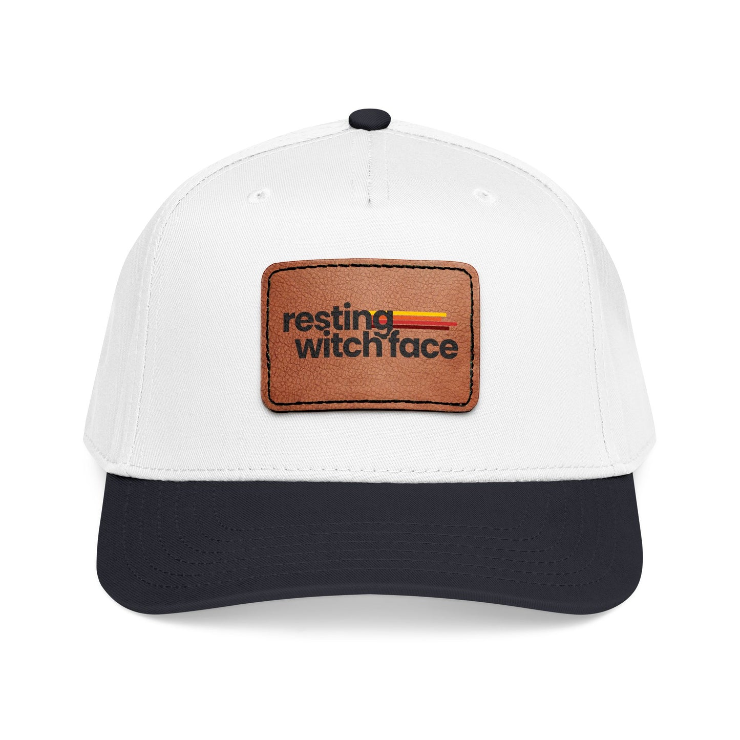 Resting Witch Face baseball hat featuring a light brown vegan leather rectangle patch with funny feminist witch design and vintage-inspired style.