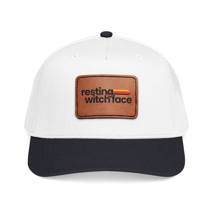 Resting Witch Face baseball hat featuring a light brown vegan leather rectangle patch with funny feminist witch design and vintage-inspired style.