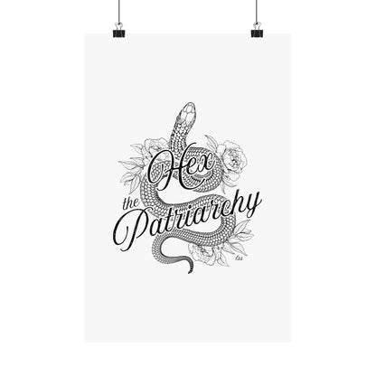 Hex the Patriarchy poster featuring a feminist snake design inspired by witchcraft, transformation, renewal, and feminine power for witchy wall decor.