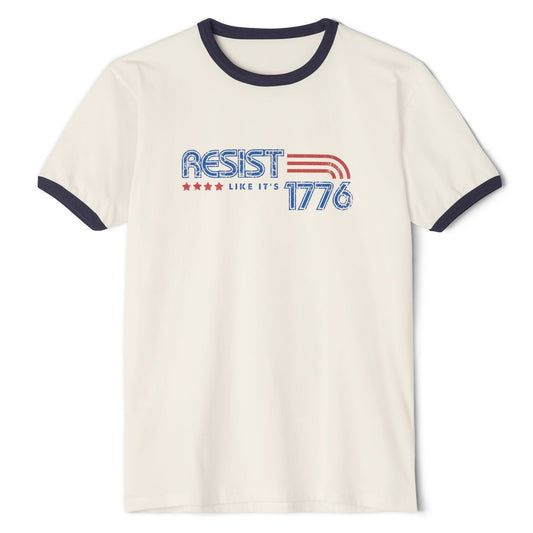 White t-shirt with 'RESIST LIKE IT'S 1776' text on a white background