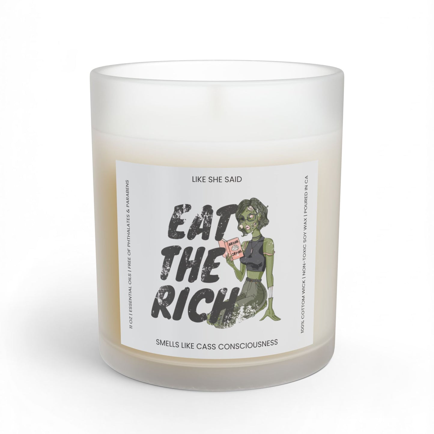 Eat the Rich zombie scented candle featuring feminist political satire and retro horror artwork for spooky Halloween decor and horror lovers.