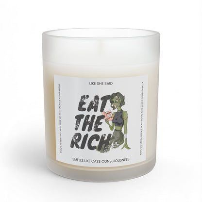 Eat the Rich zombie scented candle featuring feminist political satire and retro horror artwork for spooky Halloween decor and horror lovers.