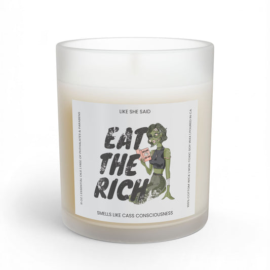 Eat the Rich zombie scented candle featuring feminist political satire and retro horror artwork for spooky Halloween decor and horror lovers.