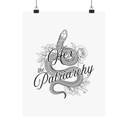 Hex the Patriarchy poster featuring a feminist snake design inspired by witchcraft, transformation, renewal, and feminine power for witchy wall decor.