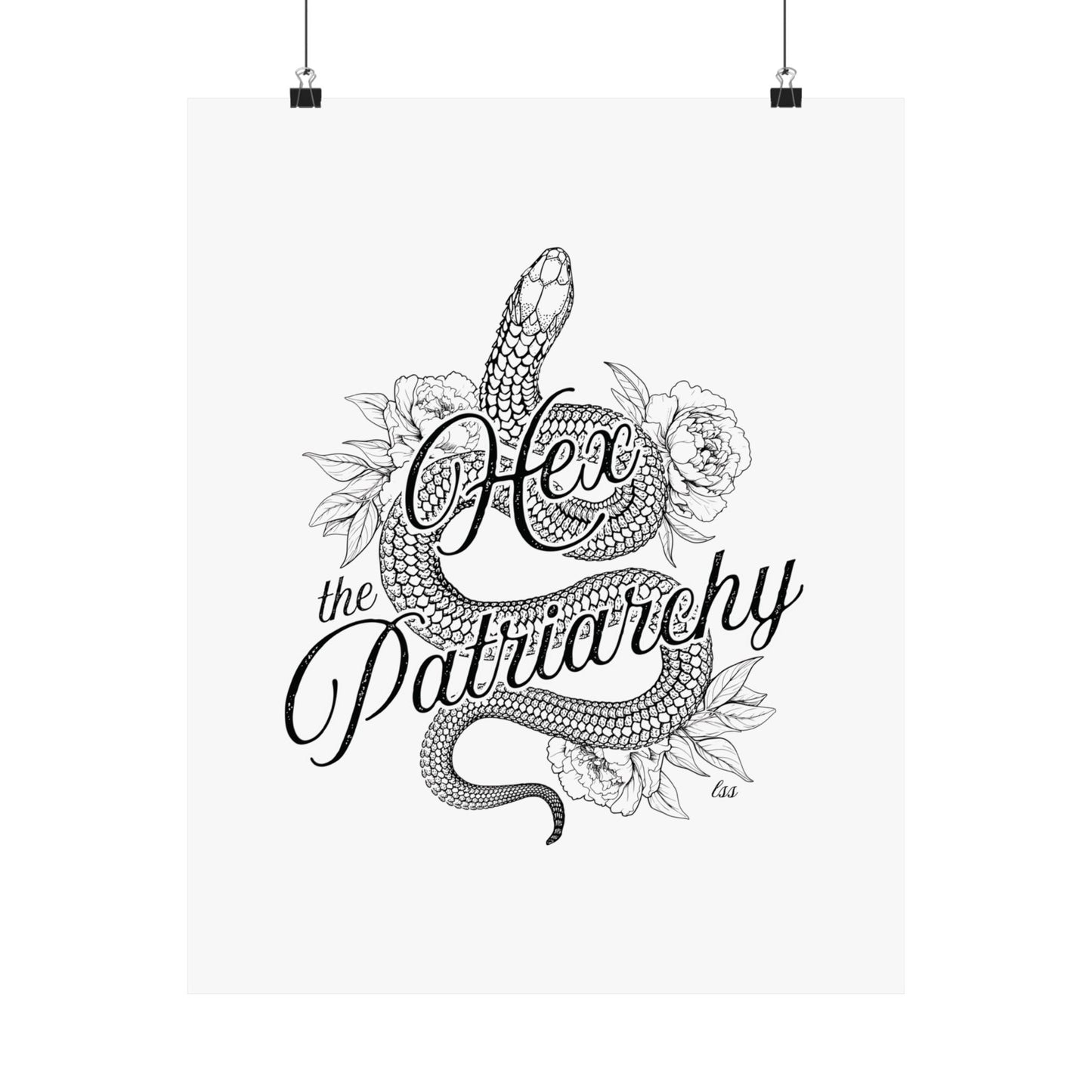 Hex the Patriarchy poster featuring a feminist snake design inspired by witchcraft, transformation, renewal, and feminine power for witchy wall decor.