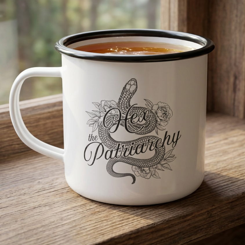 Hex the Patriarchy enamel camping mug featuring a feminist snake and witch-inspired design for coffee, tea, camping, and cozy mornings.