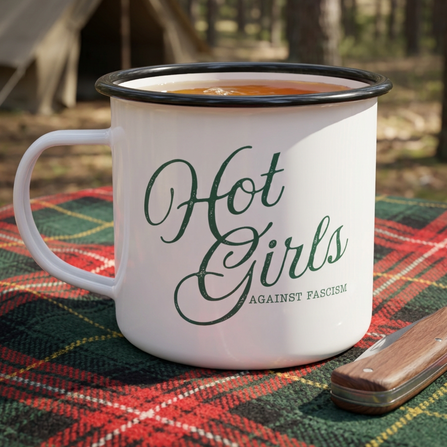 Hot Girls Against Fascism enamel camping mug featuring a bold feminist design for coffee, tea, camping, book lovers, and everyday use.