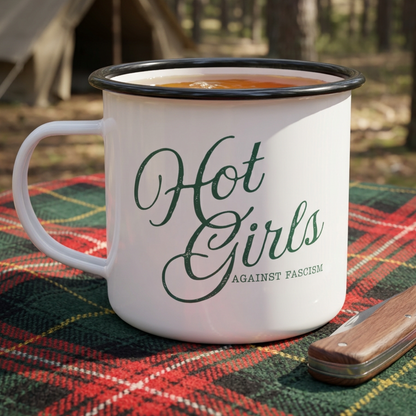 Hot Girls Against Fascism enamel camping mug featuring a bold feminist design for coffee, tea, camping, book lovers, and everyday use.