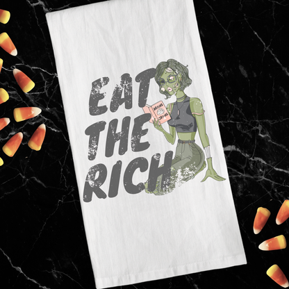Eat the Rich zombie Halloween tea towel featuring dark political humor on a 100% cotton kitchen towel for spooky kitchen decor and Halloween parties.